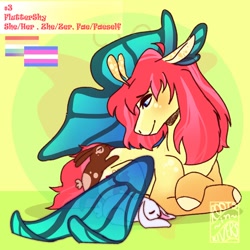 Size: 1500x1500 | Tagged: safe, alternate version, artist:gothalite, fluttershy, pegasus, pony, rabbit, g4, animal, butterfly wings, female, flutterfly, lesbian, lying down, mare, prone, redesign, sapphic pride flag, smiling, solo, trans fluttershy, transgender, wings