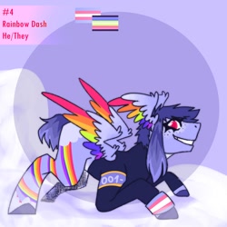 Size: 1500x1500 | Tagged: safe, alternate version, artist:gothalite, rainbow dash, pegasus, pony, g4, abstract background, clothes, colored wings, grin, male, multicolored wings, pride, pride flag, rainbow blitz, rainbow wings, redesign, rule 63, smiling, solo, stallion, transgender pride flag, wings