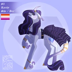 Size: 2000x2000 | Tagged: safe, artist:gothalite, rarity, pony, unicorn, g4, belt, clothes, curved horn, dress, eyes closed, female, high res, hoof fluff, horn, jewelry, lesbian, lesbian pride flag, mare, necklace, pride, pride flag, raised hoof, redesign, smiling, solo