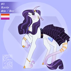 Size: 2000x2000 | Tagged: safe, alternate version, artist:gothalite, rarity, pony, unicorn, g4, belt, clothes, curved horn, dress, eyes closed, female, high res, hoof fluff, horn, jewelry, lesbian pride flag, mare, necklace, pride, pride flag, raised hoof, redesign, smiling, solo