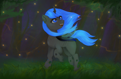 Size: 3505x2302 | Tagged: safe, artist:bellfa, oc, oc only, changeling, pony, blue eyes, blue mane, commission, fangs, female, forest, hair, high res, horn, original art, smiling, solo, tail, wings