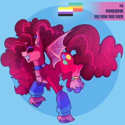 Size: 2000x2000 | Tagged: safe, artist:gothalite, pinkie pie, bat pony, pony, g4, abstract background, bat ponified, bat wings, choker, clothes, ear piercing, eyes closed, female, grin, high res, leg warmers, mare, nonbinary pride flag, piercing, pride, pride flag, race swap, raised hoof, redesign, smiling, solo, unshorn fetlocks, wings