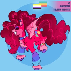 Size: 2000x2000 | Tagged: safe, alternate version, artist:gothalite, pinkie pie, bat pony, pony, g4, abstract background, bat ponified, bat wings, choker, clothes, ear piercing, eyes closed, female, grin, high res, leg warmers, mare, nonbinary pride flag, piercing, pride, pride flag, race swap, raised hoof, redesign, smiling, solo, unshorn fetlocks, wings