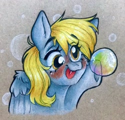 Size: 2048x1960 | Tagged: safe, artist:madkadd, derpy hooves, pegasus, pony, g4, :p, blushing, bubble, bust, eyelashes, female, mare, solo, tongue out, traditional art, underhoof