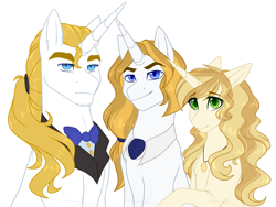 Size: 3460x2600 | Tagged: safe, artist:purplegrim40, prince blueblood, oc, pony, unicorn, g4, bowtie, bust, female, frown, high res, horn, jewelry, male, mare, necklace, offspring, parent:prince blueblood, peytral, simple background, smiling, stallion, story included, unicorn oc, white background