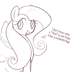 Size: 1171x1133 | Tagged: safe, artist:nookprint, fluttershy, pegasus, pony, g4, (you), dialogue, female, mare, monochrome, open mouth, simple background, solo, spread wings, talking, white background, wings