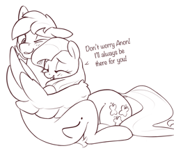 Size: 1329x1171 | Tagged: safe, artist:nookprint, fluttershy, oc, oc:anon stallion, earth pony, pegasus, pony, g4, dialogue, earth pony oc, eyes closed, female, floppy ears, hug, lying down, male, mare, monochrome, one eye closed, open mouth, prone, simple background, sitting, spread wings, stallion, talking, white background, wings