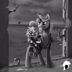 Size: 2148x2160 | Tagged: safe, artist:drakaina-gwd-9000, oc, oc only, oc:firefly (fallout equestria: promise), earth pony, pony, unicorn, fallout equestria, fallout equestria: promise, 36, black and white, clothes, coat markings, cover art, cracks, doorway, duo, duo male and female, earth pony oc, facial hair, female, fence, filly, foal, goatee, grayscale, grin, high res, holding a pony, hoof hold, horn, jumpsuit, male, monochrome, pinto, pipbuck, rebar, ruins, sign, smiling, stallion, underhoof, unicorn oc, vault suit