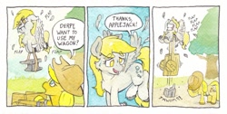 Size: 1189x599 | Tagged: safe, artist:lost marbles, applejack, derpy hooves, earth pony, pegasus, pony, g4, anvil, comic, comic strip, cowboy hat, derpy being derpy, fail, feather, flying, hat, sweat, traditional art, tree, wagon, watercolor painting