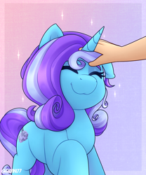 Size: 2000x2400 | Tagged: safe, artist:rivin177, oc, oc:untitled work, human, pony, unicorn, commission, eyes closed, hand, high res, petting, raised hoof, simple background, sparkles, ych result