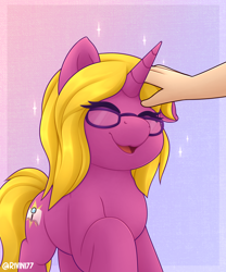 Size: 2000x2400 | Tagged: safe, artist:rivin177, oc, oc:bright star, human, pony, unicorn, commission, eyes closed, glasses, hand, high res, petting, raised hoof, simple background, sparkles, ych result