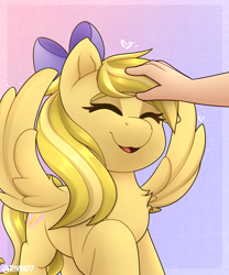 Size: 2000x2400 | Tagged: safe, artist:rivin177, oc, oc:amber streak, human, pegasus, pony, bow, commission, eyes closed, hand, high res, petting, raised hoof, simple background, sparkles, spread wings, wings, ych result
