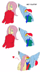 Size: 1280x2304 | Tagged: safe, artist:fluffyorbiter, fluttershy, rainbow dash, pegasus, anthro, g4, big breasts, breasts, busty fluttershy, cap, christmas, clothes, duo, female, folded wings, hat, heart, hearth's warming eve, holiday, kissing, lesbian, mistletoe, one wing out, santa hat, scarf, ship:flutterdash, shipping, simple background, smiling, surprised, sweater, sweatershy, tallershy, white background, wings