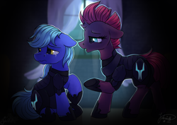 Size: 4093x2894 | Tagged: safe, artist:julunis14, tempest shadow, oc, oc:dayandey, earth pony, pony, unicorn, g4, armor, broken horn, clothes, comforting, crying, dark, digital, horn, looking away, moon, storm king's emblem
