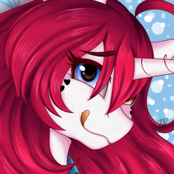 Size: 1785x1782 | Tagged: safe, artist:shamy-crist, oc, oc only, oc:yuko, pony, unicorn, bust, female, freckles, heterochromia, looking at you, mare, portrait, solo, tongue out