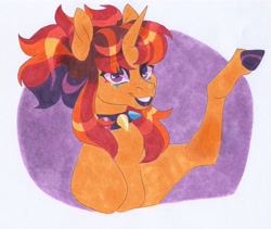 Size: 3213x2714 | Tagged: safe, artist:frozensoulpony, oc, oc:phoenix fireworks, pony, unicorn, choker, female, high res, magical lesbian spawn, mare, offspring, parent:sunset shimmer, parent:twilight sparkle, parents:sunsetsparkle, solo, spiked choker, traditional art