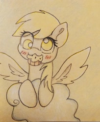 Size: 1702x2081 | Tagged: safe, artist:twiliset, derpy hooves, pegasus, pony, g4, cloud, female, food, mare, mouth hold, muffin, simple background, solo, traditional art