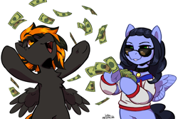 Size: 3000x2000 | Tagged: safe, artist:kotya, oc, oc only, oc:mayday, oc:skiu, pegasus, pony, bipedal, chest fluff, choker, clothes, collar, duo, glasses, happy, high res, make it rain, money, open mouth, simple background, skiuday, sunglasses, white background