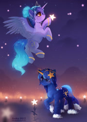 Size: 2430x3400 | Tagged: safe, artist:anku, oc, oc only, oc:asteria, alicorn, pony, unicorn, duo, full body, high res, stars