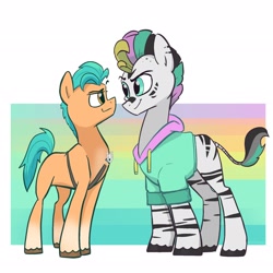 Size: 2048x2048 | Tagged: safe, artist:pfeffaroo, hitch trailblazer, oc, earth pony, pony, zebra, g5, clothes, duo, high res, hoodie, male, stallion