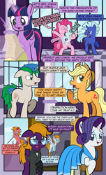 Size: 1920x3168 | Tagged: safe, artist:alexdti, applejack, pinkie pie, rarity, twilight sparkle, oc, oc:aqua lux, oc:purple creativity, oc:star logic, oc:warm focus, alicorn, earth pony, pegasus, pony, unicorn, comic:quest for friendship, g4, bipedal, clothes, comic, dialogue, dress, ears back, electric guitar, eyes closed, female, folded wings, freckles, glasses, glowing, glowing horn, grammar error, guitar, high res, horn, lidded eyes, looking at someone, looking away, magic, male, mare, musical instrument, narrowed eyes, onomatopoeia, open mouth, open smile, pegasus oc, raised hoof, raised leg, shadow, shoulder angel, shoulder devil, smiling, speech bubble, spread wings, stallion, tail, telekinesis, twilight sparkle (alicorn), two toned mane, two toned tail, underhoof, unicorn oc, wall of tags, wings