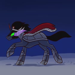 Size: 2048x2048 | Tagged: safe, artist:pfeffaroo, king sombra, pony, unicorn, g4, armor, cloak, clothes, curved horn, glowing, glowing eyes, high res, horn, running, snow, solo