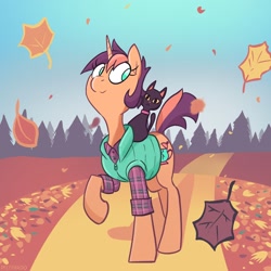 Size: 2048x2048 | Tagged: safe, artist:pfeffaroo, oc, oc only, oc:kettle chip, cat, pony, unicorn, autumn, clothes, forest, high res, leaves, shirt, smiling, solo, vest