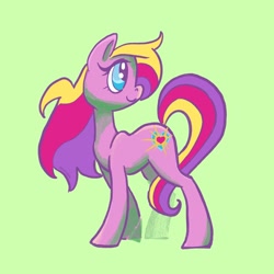 Size: 2048x2048 | Tagged: safe, artist:pfeffaroo, pink sunsparkle, earth pony, pony, g3, g4, g3 to g4, generation leap, green background, high res, looking back, simple background, smiling, solo, turned head