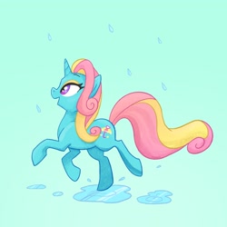 Size: 2048x2048 | Tagged: safe, artist:pfeffaroo, dewdrop dazzle, pony, unicorn, g4, female, high res, mare, rain, running, simple background, solo, teal background