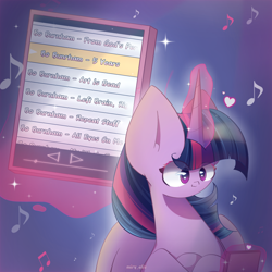 Size: 2600x2600 | Tagged: safe, artist:miryelis, twilight sparkle, alicorn, pony, g4, big ears, bo burnham, cellphone, female, heart, high res, horn, impossibly large ears, magic, misspelling, music, music notes, phone, simple background, smartphone, smiling, solo, sparkles, telekinesis, text, twilight sparkle (alicorn)