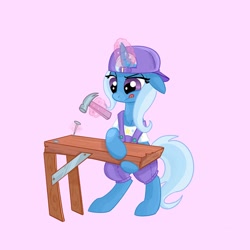 Size: 2048x2048 | Tagged: safe, artist:pfeffaroo, trixie, pony, unicorn, g4, backwards ballcap, baseball cap, bipedal, cap, clothes, construction, floppy ears, glowing, glowing horn, hammer, hat, high res, horn, magic, magic aura, nail, pink background, simple background, solo, wood