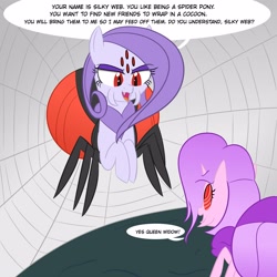 Size: 3000x3000 | Tagged: safe, artist:bestponies, oc, oc only, oc:queen widow, oc:silky web, monster pony, original species, spider, spiderpony, cave, dialogue, fangs, female, high res, horn, mind control, multiple eyes, open mouth, open smile, smiling, spider web