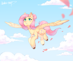 Size: 2378x2000 | Tagged: safe, artist:yizhifeilang403, fluttershy, pegasus, pony, g4, cloud, female, flying, high res, mare, solo