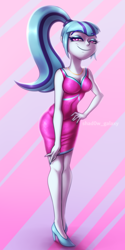 Size: 2000x4000 | Tagged: safe, artist:shad0w-galaxy, sonata dusk, human, equestria girls, g4, bare shoulders, clothes, commission, dress, female, high heels, high res, jewelry, necklace, shoes, simple background, sleeveless, smug, solo, watermark