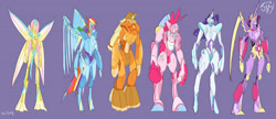 Size: 2629x1135 | Tagged: safe, artist:jowyb, applejack, fluttershy, pinkie pie, rainbow dash, rarity, twilight sparkle, g4, 2014, mane six, mecha, old art, simple background