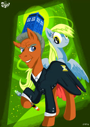 Size: 2480x3508 | Tagged: safe, artist:jowyb, derpy hooves, earth pony, pegasus, pony, g4, 2014, clothes, coat, doctor who, female, high res, male, mare, old art, ponified, sonic screwdriver, stallion, twelfth doctor