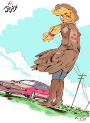 Size: 557x765 | Tagged: safe, artist:jowyb, applejack, earth pony, anthro, plantigrade anthro, g4, 2014, boots, car, cowboy boots, looking back, old art, shoes, solo