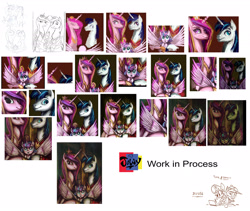 Size: 2480x2098 | Tagged: safe, artist:jowyb, princess cadance, princess flurry heart, shining armor, alicorn, pony, unicorn, g4, 2016, high res, old art, spread wings, wings, wip