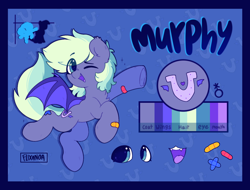 Size: 1398x1063 | Tagged: safe, artist:flixanoa, oc, oc only, oc:murphy, bat pony, pony, bandaid, coloured mouth, eye clipping through hair, flying, mascot, nonbinary, one eye closed, purple, reference sheet, solo, wink