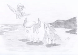 Size: 1920x1368 | Tagged: safe, artist:malte279, oc, oc only, oc:antulgin, oc:jaques de rouge cremier, oc:leafhelm, pegasus, pony, unicorn, yak, pencil drawing, traditional art