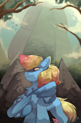 Size: 2509x3809 | Tagged: safe, artist:beardie, oc, oc only, oc:merrifeather, pegasus, pony, cloud, colored wings, commission, female, high res, looking down, low angle, mount aris, pegasus oc, sand, scenery, solo, tail, tree branch, two toned mane, two toned tail, two toned wings, vial, wing hands, wings