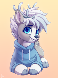 Size: 750x1000 | Tagged: safe, artist:luminousdazzle, oc, oc only, oc:silver, deer, antlers, blue eyes, buck, clothes, cloven hooves, coat markings, deer oc, ear fluff, front view, grin, hoodie, looking at you, lying down, male, prone, signature, simple background, smiling, smiling at you, socks (coat markings), solo