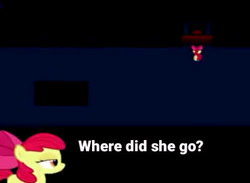 Size: 402x294 | Tagged: safe, screencap, apple bloom, earth pony, pony, story of the blanks, g4, bone, bow, dialogue, female, filly, fireplace, foal, game, hair bow, moments before disaster, rpg, skeleton, text, youtube link