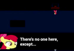 Size: 428x292 | Tagged: safe, screencap, apple bloom, earth pony, pony, story of the blanks, g4, bone, bow, dialogue, female, filly, fireplace, foal, game, hair bow, moments before disaster, rpg, skeleton, text, youtube link