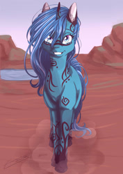 Size: 2059x2912 | Tagged: safe, artist:aryabehsk, oc, oc only, oc:shadow stream, pony, unicorn, cute, desert, female, grin, high res, mare, river, sand, smiling, solo, stream, tattoo, tribal, water, watermark
