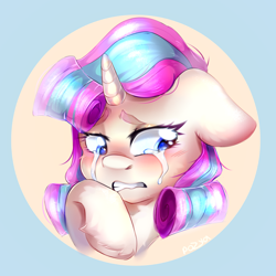 Size: 2150x2150 | Tagged: safe, artist:pozya1007, oc, oc only, pony, unicorn, blushing, bust, crying, ears back, female, gritted teeth, high res, horn, looking away, mare, portrait, sad, signature, solo, teeth, two toned mane, unicorn oc
