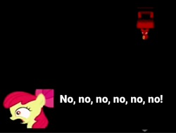 Size: 395x298 | Tagged: safe, screencap, apple bloom, earth pony, pony, story of the blanks, g4, bow, darkness, dialogue, female, filly, fireplace, foal, game, hair bow, rpg, shocked, text, youtube link