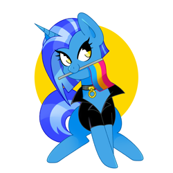 Size: 1600x1600 | Tagged: safe, artist:vivian reed, oc, oc only, oc:sight unseen, pony, unicorn, blank flank, blue coat, blue mane, clothes, collar, commission, female, looking at you, mare, pansexual, pansexual pride flag, pride, pride flag, shirt, simple background, sitting, solo, straight hair, straight mane, tail, two toned mane, two toned tail, white background, ych result, yellow eyes
