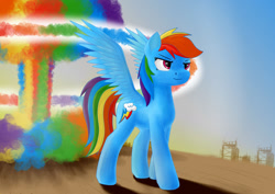 Size: 1280x906 | Tagged: safe, artist:zocidem, rainbow dash, pegasus, pony, g4, cool guys don't look at explosions, explosion, female, mare, mushroom cloud, shadow, smiling, smirk, solo, sonic rainboom, spread wings, wings