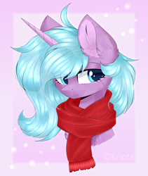 Size: 1690x2000 | Tagged: safe, artist:kripta-00, idw, radiant hope, crystal pony, crystal unicorn, pony, unicorn, g4, abstract background, bust, clothes, ear fluff, eye clipping through hair, female, horn, looking at you, mare, portrait, scarf, solo